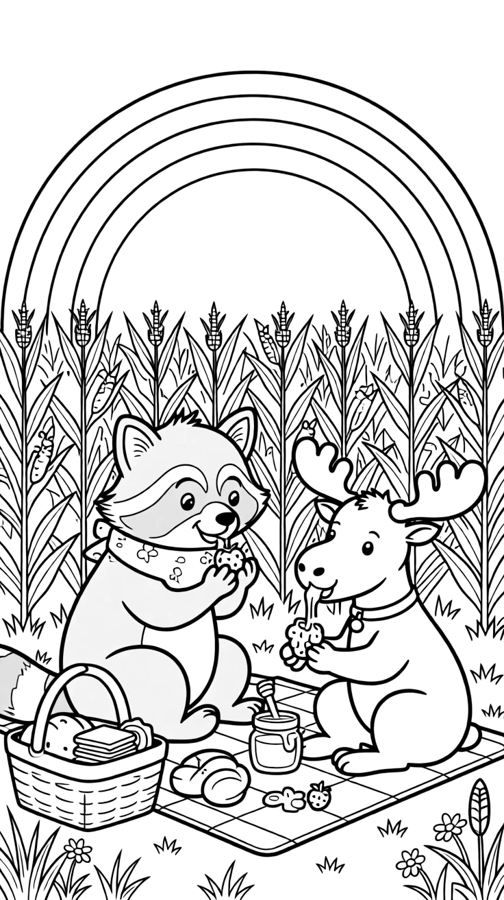 A raccoon under a rainbow after the rain, sharing a picnic of berries and honey with a moose calf, next to a corn field, with a picnic basket full of treats nearby.