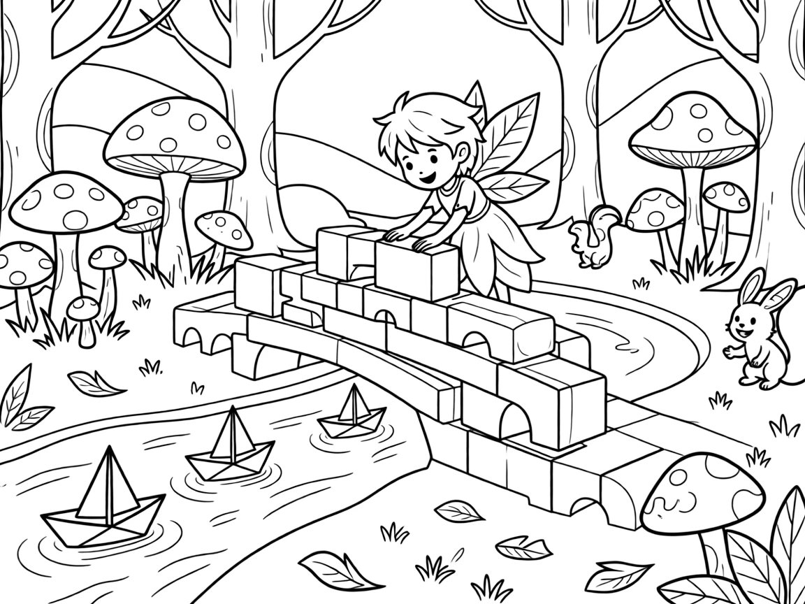 Pint-sized and full of excitement, an autumn leaf sprite spends the day building a bridge out of oversized building blocks in an enchanted forest full of glowing mushrooms. Nearby, a fleet of tiny paper boats racing along adds to the fun. Giggles echo happily through the whole valley.