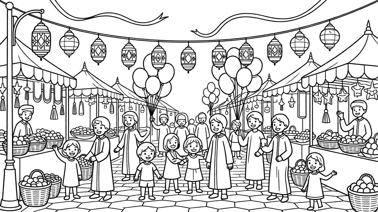 A coloring page bursting with festival energy from Morocco, depicting the colorful Marrakech night market glowing with lanterns and food stalls, with balloons, streamers, and happy onlookers filling the scene.