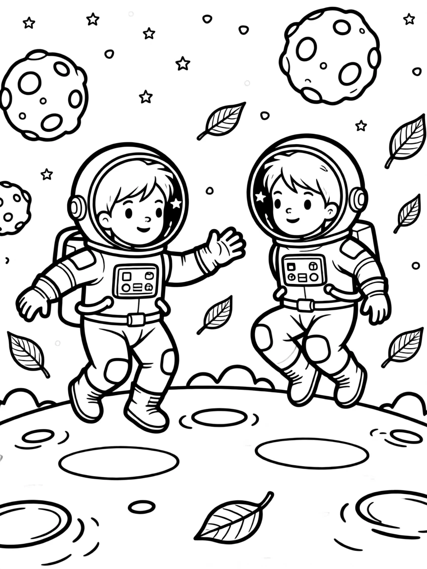 [Astronauts] a pair of astronauts bouncing across a dusty lunar surface among floating asteroids, concentrating hard with a focused expression, while stars fill the black sky above fills the surrounding area. A round helmet reflects the stars above. Set just after a rainstorm, with autumn leaves swirling in the wind, the page bursts with adventure and imagination.