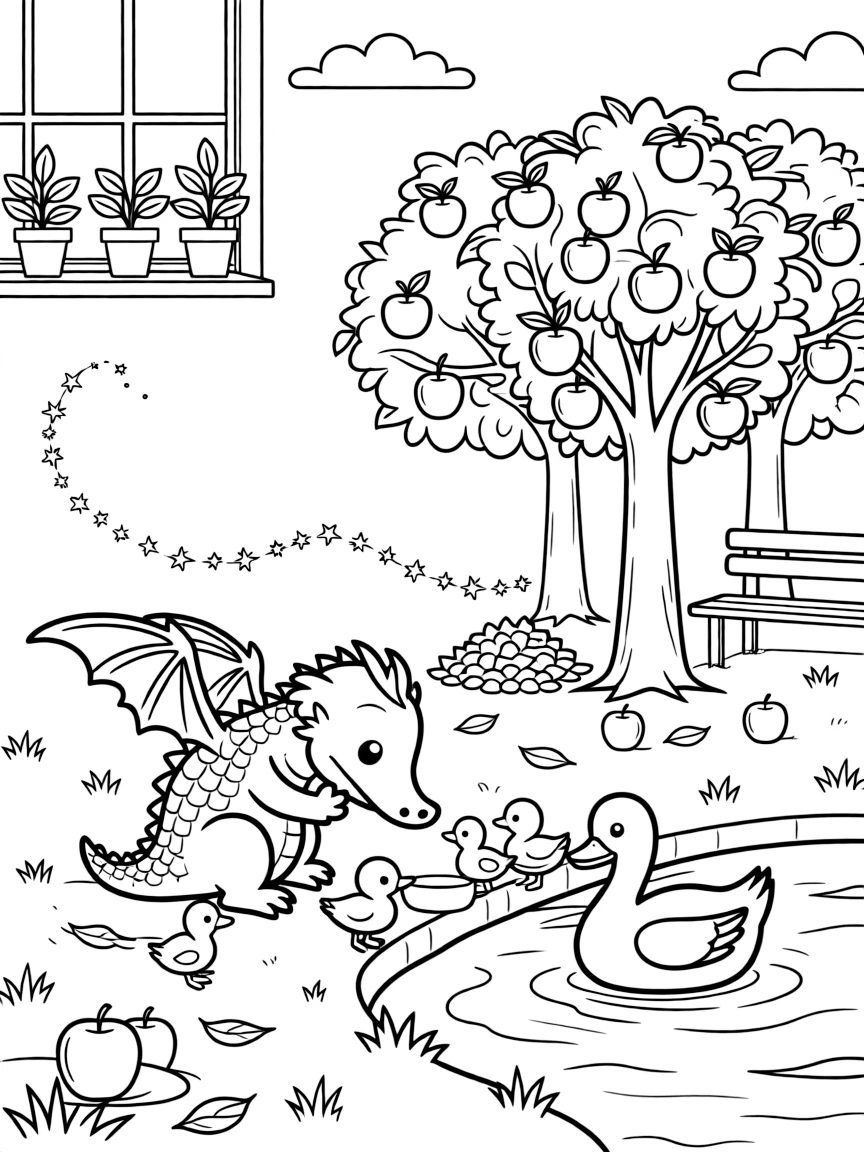 A friendly baby dragon with tiny wings is feeding a family of ducks by the water's edge at an apple orchard during the autumn harvest. Scattered nearby, a trail of glittering fairy dust and a row of potted plants along a windowsill add a playful, cheerful touch.