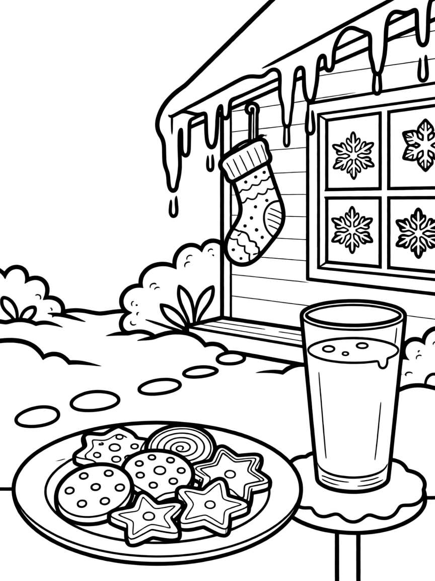 A plate of cookies left out with a glass of milk in a snowy front yard with icicles hanging from the roof, with a knitted stocking hung with care and paper snowflakes hanging in a window nearby.