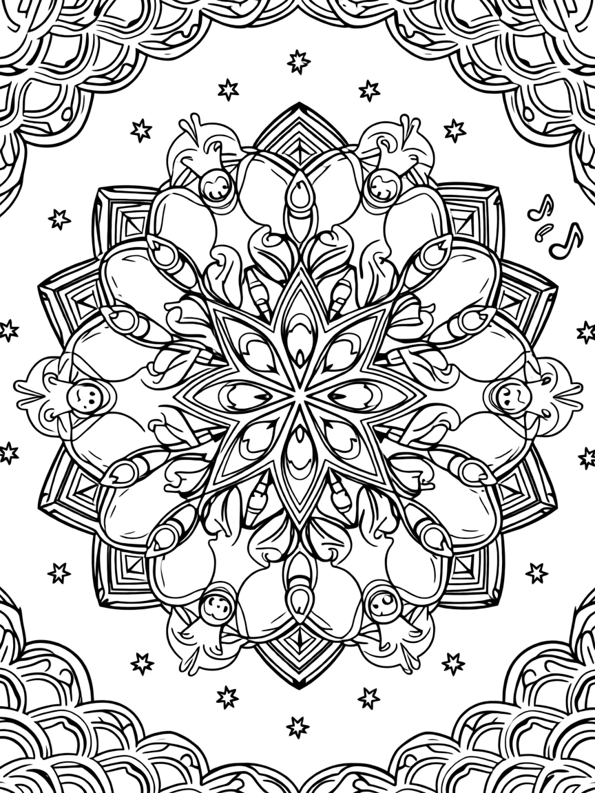 Zoo & Safari Animals: The design turns a monkey swinging from a looped vine into a kaleidoscope-style composition anchored by an eight-point star mandala framing the design. The imagery is reflected six times around a central point, so each wedge of the page mirrors the one beside it. Decorative details fill the surrounding space, including overlapping fish-scale textures, interlocking circle chains, and clusters of small five-point stars woven throughout the background. A playful extra touch completes the page: a few tiny musical notes drifting near one corner of the page.