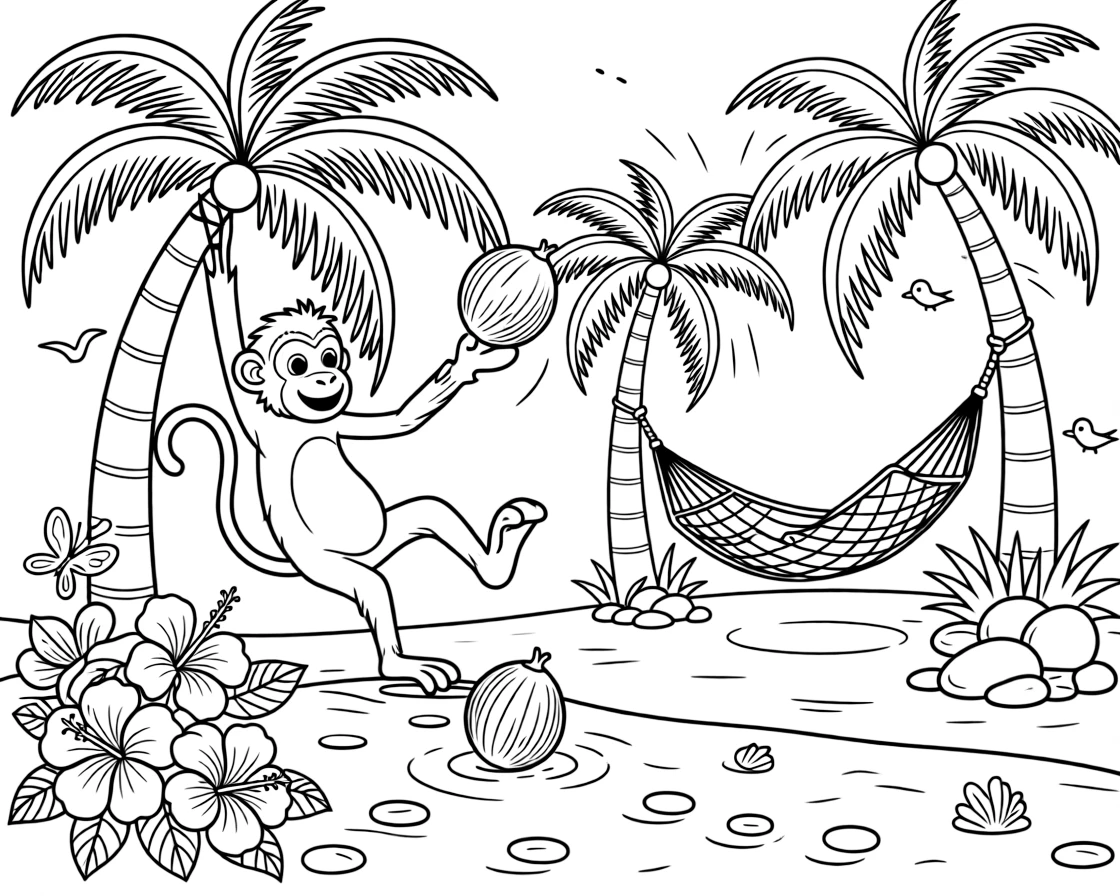 [Tropical Islands] A friendly monkey swings from a palm tree, tossing coconuts down onto the soft sand below. Butterflies flutter around hibiscus flowers growing near a cluster of smooth boulders. A rope hammock hangs between two palm trees overlooking a curve of white sand. Soft morning light glows over the island as birds call from the treetops.