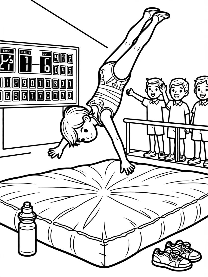 A gymnast flips through the air above a padded mat during a competition.