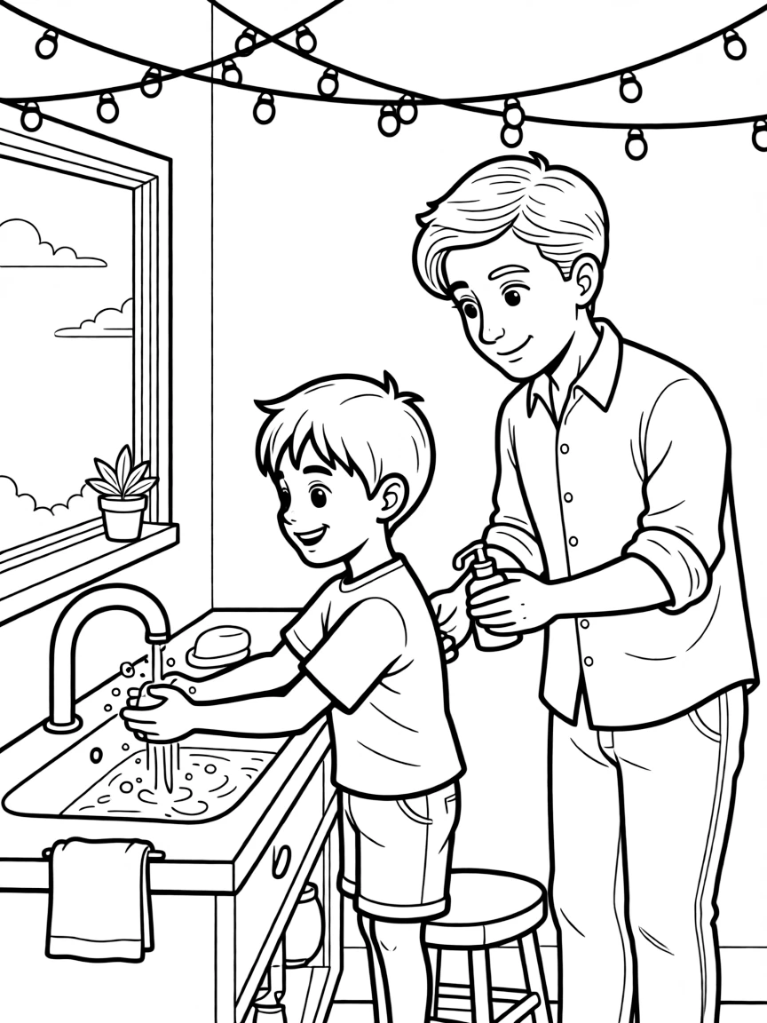 A talkative boy washing hands before dinner with an uncle with string lights twinkling overhead.