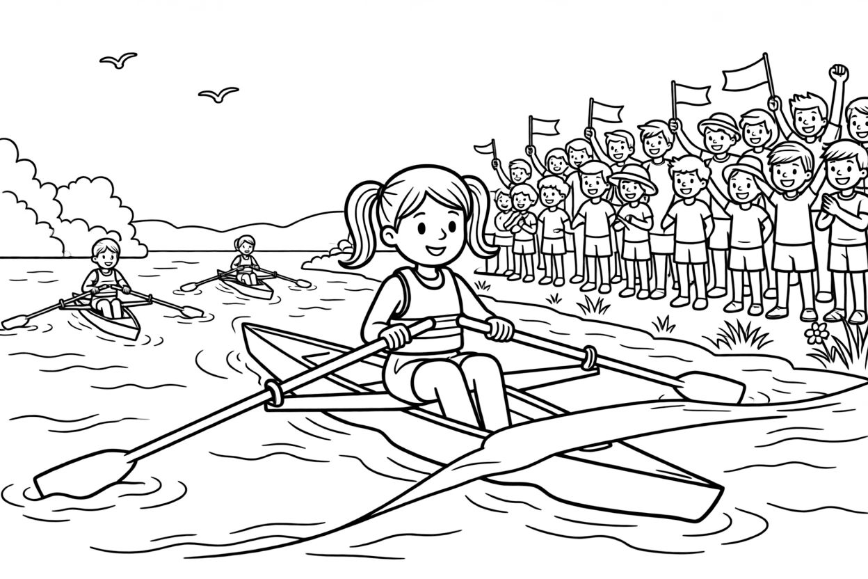 A determined girl with pigtails, crossing the finish line first in a close crew race as fans cheer from the bank.