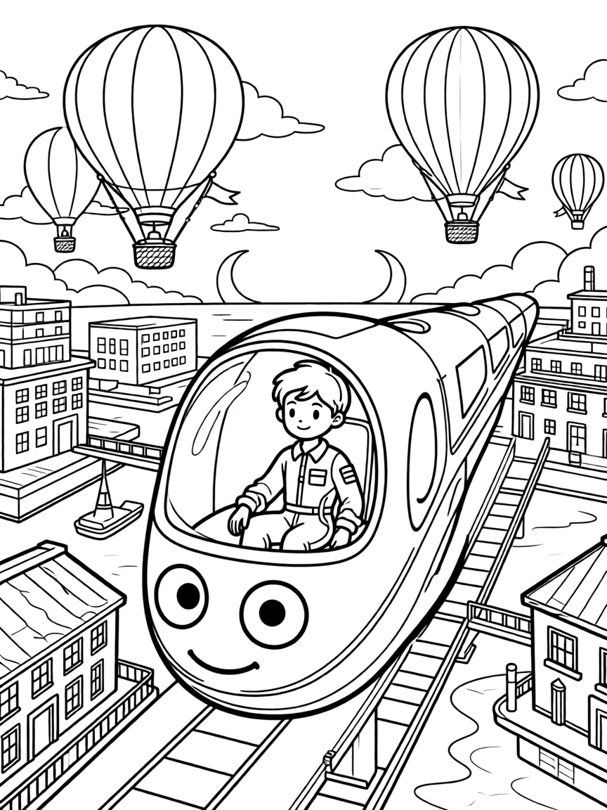 In a bustling train station for hover-trains connecting floating cities, young pilot Zephyr riding inside the friendly giant mech Cosmo Crusher guiding a hot-air balloon race between floating cloud cities, while a pair of moons rising over the horizon adds to the excitement.