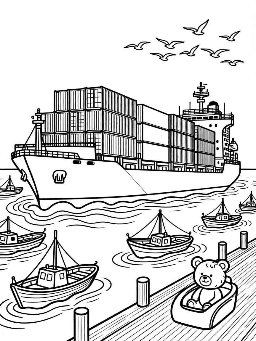 A stacked cargo container ship gliding into harbor is shown journeying through a riverside dock where fishing boats bob gently, with a teddy bear buckled safely into the passenger seat close by and a flock of birds flying alongside in formation completing the lively scene.