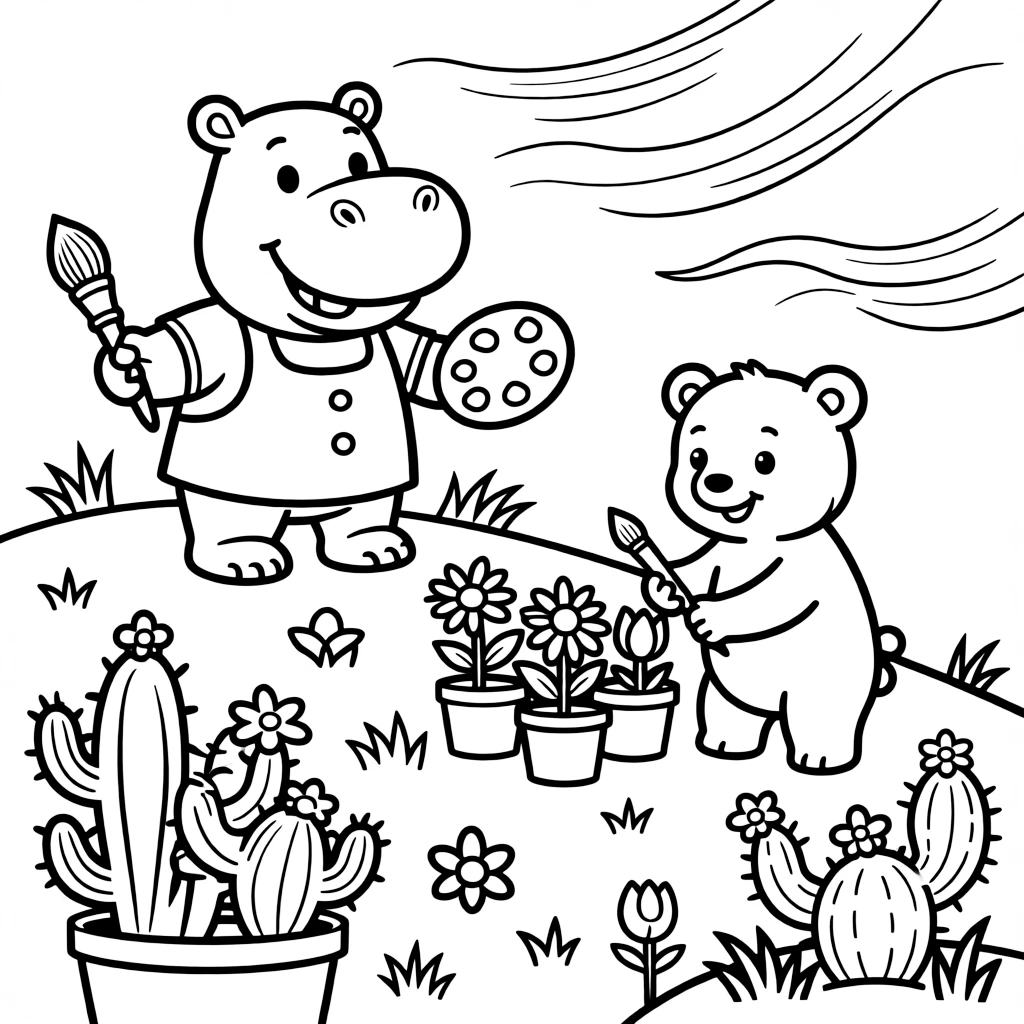 A hippo at the top of a windy hill, painting flowers with a polar bear cub, next to a cactus garden.