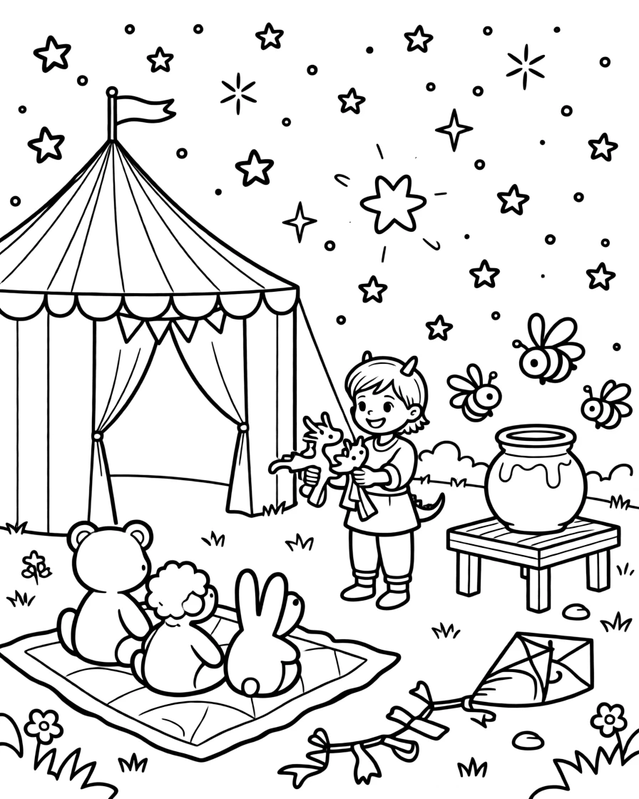 At a county fair with games and a big striped tent, a cheerful small dragon tamer is busy putting on a puppet show for stuffed animal friends, cheered on by a swarm of bees buzzing around a honey jar and a kite tail fluttering with colorful ribbons. Sparkles and stars fill the air with magic.