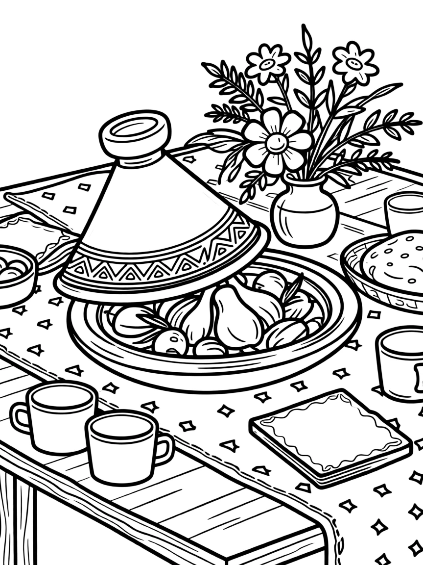 A coloring page of a cozy mealtime scene from Morocco featuring a tagine pot filled with spiced vegetables and tender meat, arranged on a table with napkins, cups, and a cheerful centerpiece.