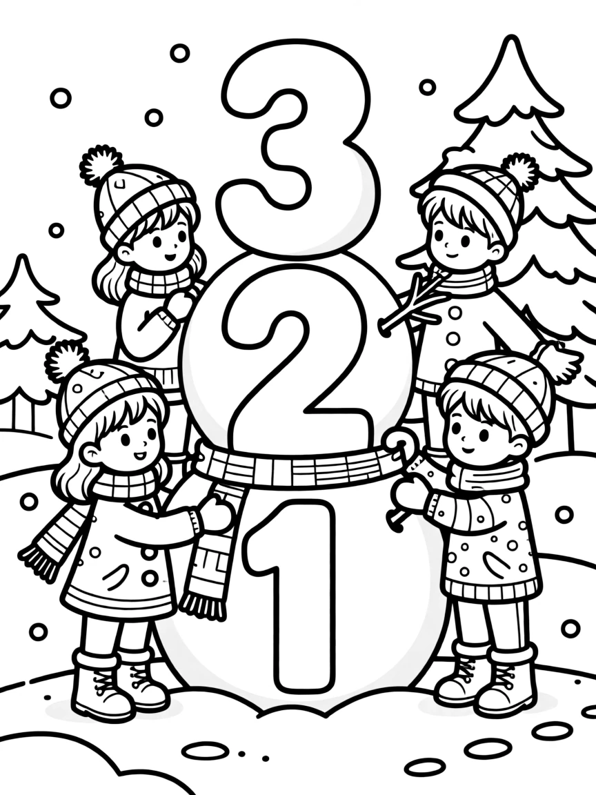 a proud group of three kids builds a snowman shaped like the numbers from a math lesson.
