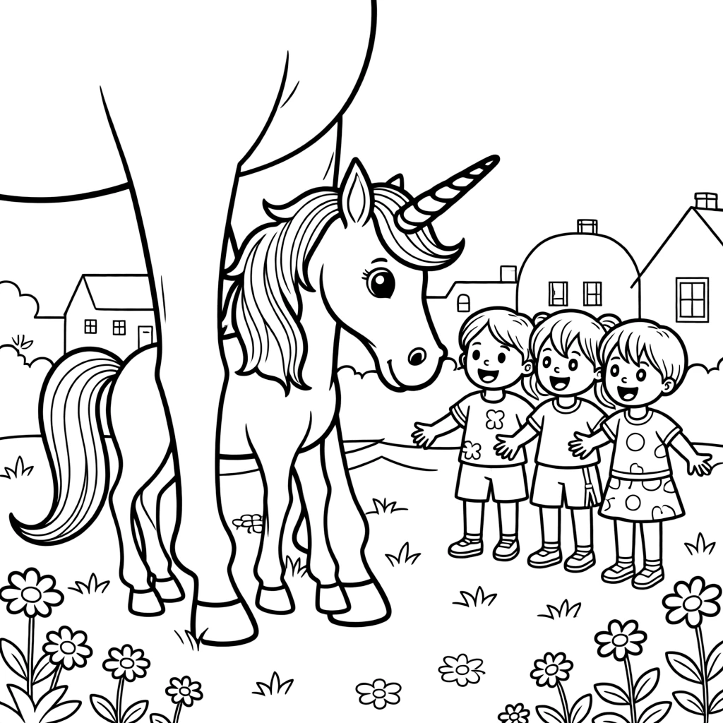 A baby unicorn hides shyly behind its mother's legs while meeting a group of excited village children for the first time.