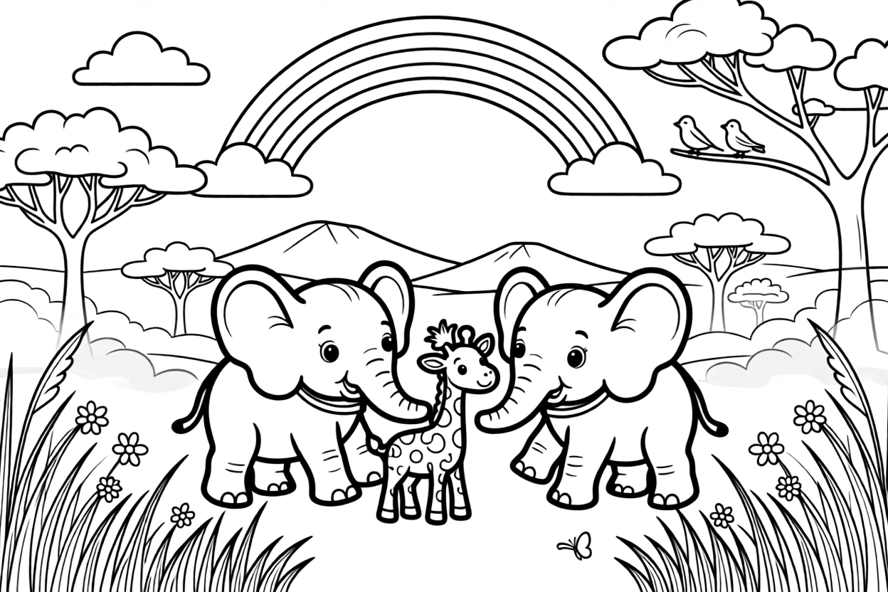 [Wild Animals] a playful pair of elephant calves playing with another animal friend among tall grasses under a wide sky. In the background, distant mountains rise on the horizon, adding extra fun to explore. Acacia trees dot the wide open landscape. It all happens on a foggy morning, with a rainbow arching overhead.