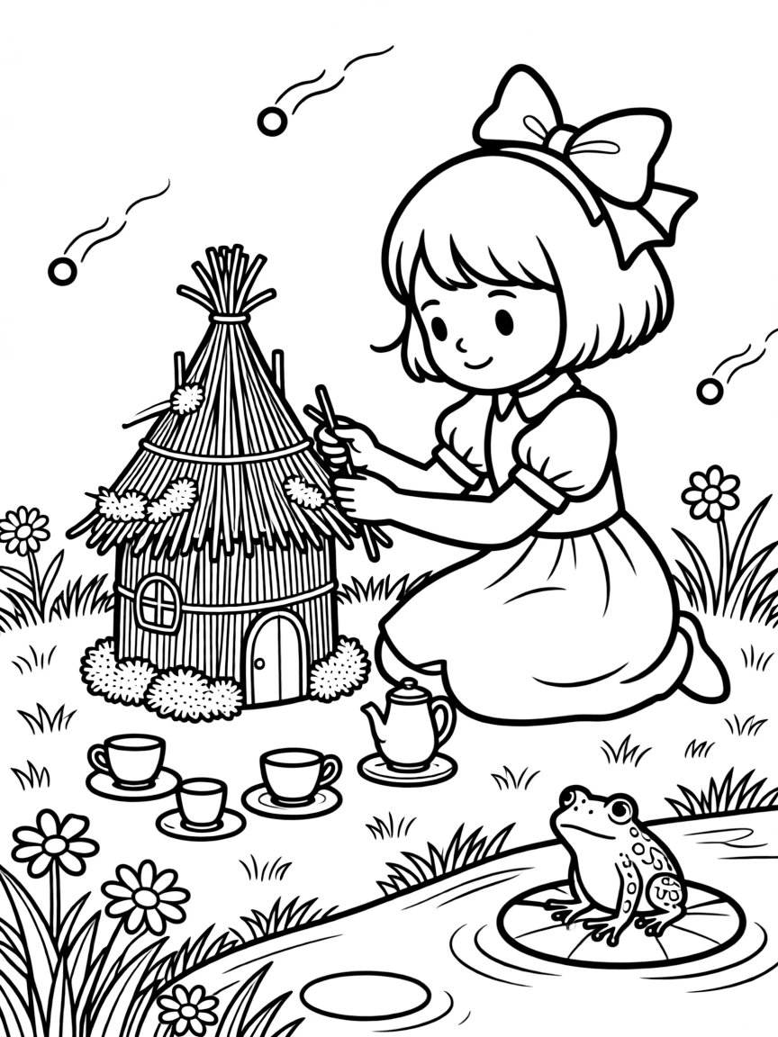 A girl with a bob haircut and a big ribbon is building a fairy house out of twigs and moss at a tiny tea party set up in the grass. twinkling fireflies rising into the air and a friendly frog perched on a lily pad bring the scene to life.