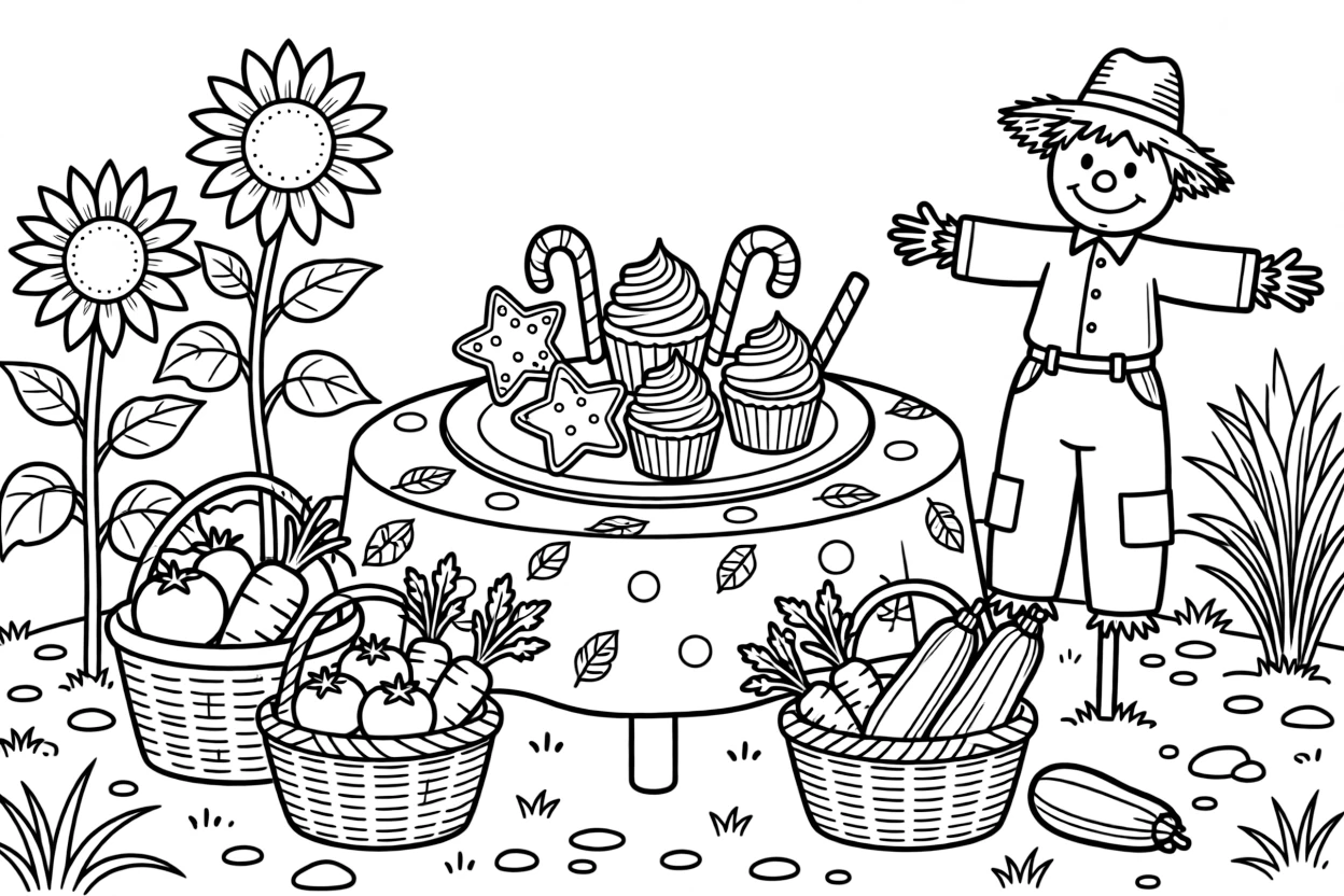 A plate of festive sweets on a decorated table in a community garden bursting with ripe vegetables, with a scarecrow watching over the field and sunflowers nodding at the field's edge nearby.