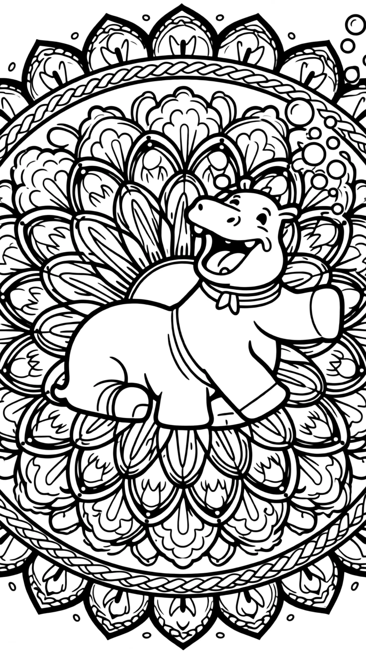 Zoo & Safari Animals: The main subject is a hippo resting with its mouth open wide, drawn as the focal point of a blooming flower-shaped mandala with layered petal rings. It is placed dead center, with the surrounding rings mirrored perfectly across every direction. Decorative details fill the surrounding space, including rows of scalloped fan shapes, bands of braided rope shapes, and rays fanning out like a small sunburst woven throughout the background. A playful extra touch completes the page: a cluster of small bubbles rising near one side of the page.