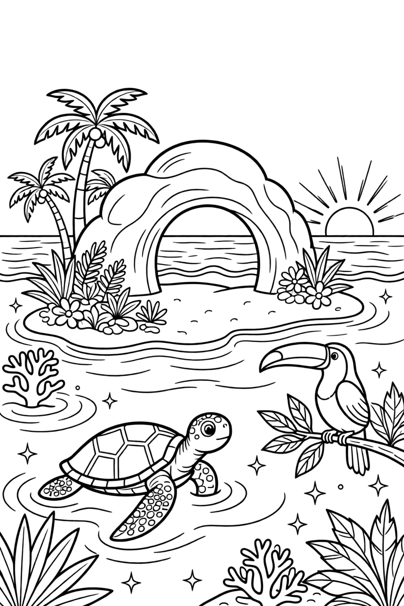 [Tropical Islands] A sea turtle swims lazily near a small island ringed with coral and clear blue water. A toucan perches on a low branch overlooking a hidden cove with turquoise water. A rocky archway frames a hidden cove where gentle waves lap against the shore. Golden afternoon sun glimmers across the water near the quiet, sandy cove.