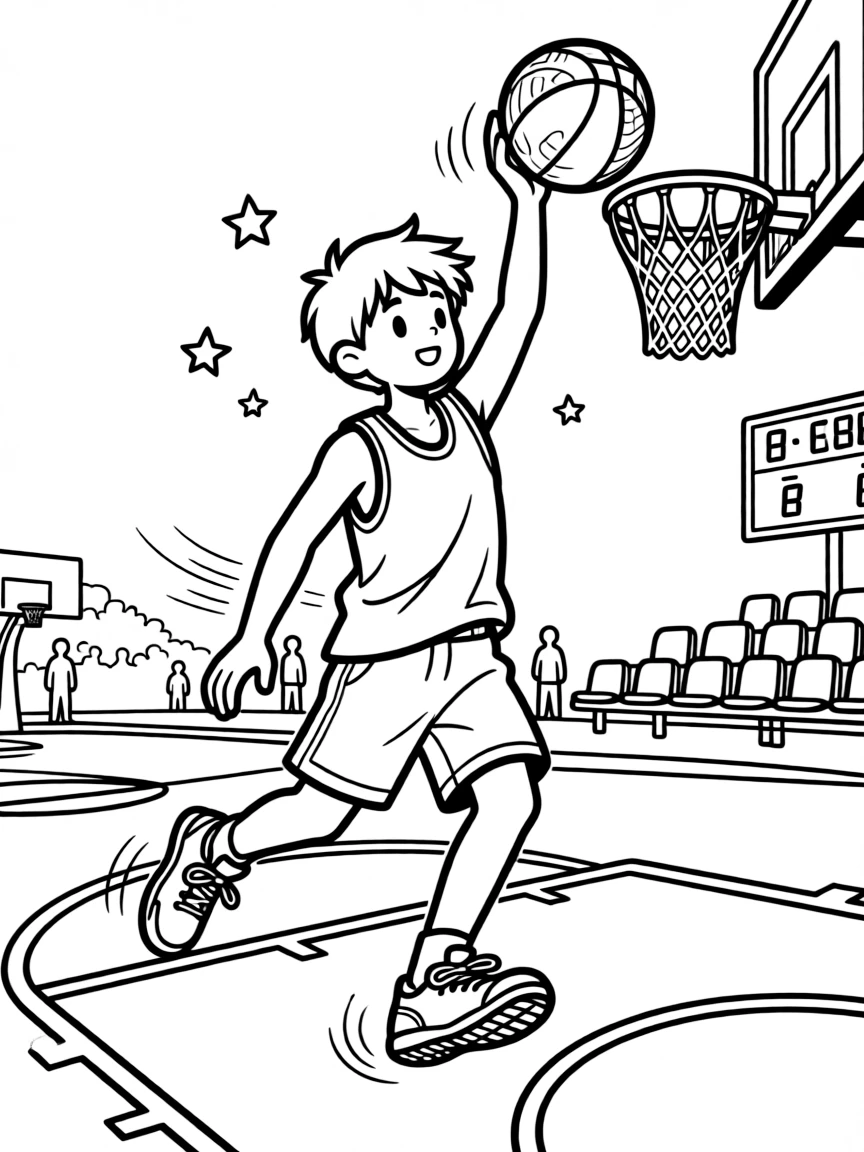A basketball player dribbles down the court and leaps to dunk the ball.