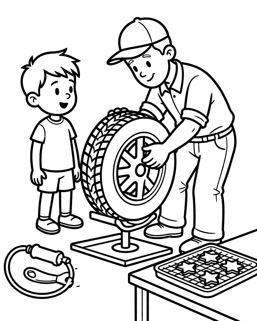 An energetic boy watching a tire get fixed by a mechanic as star-shaped cookies cool on a tray.