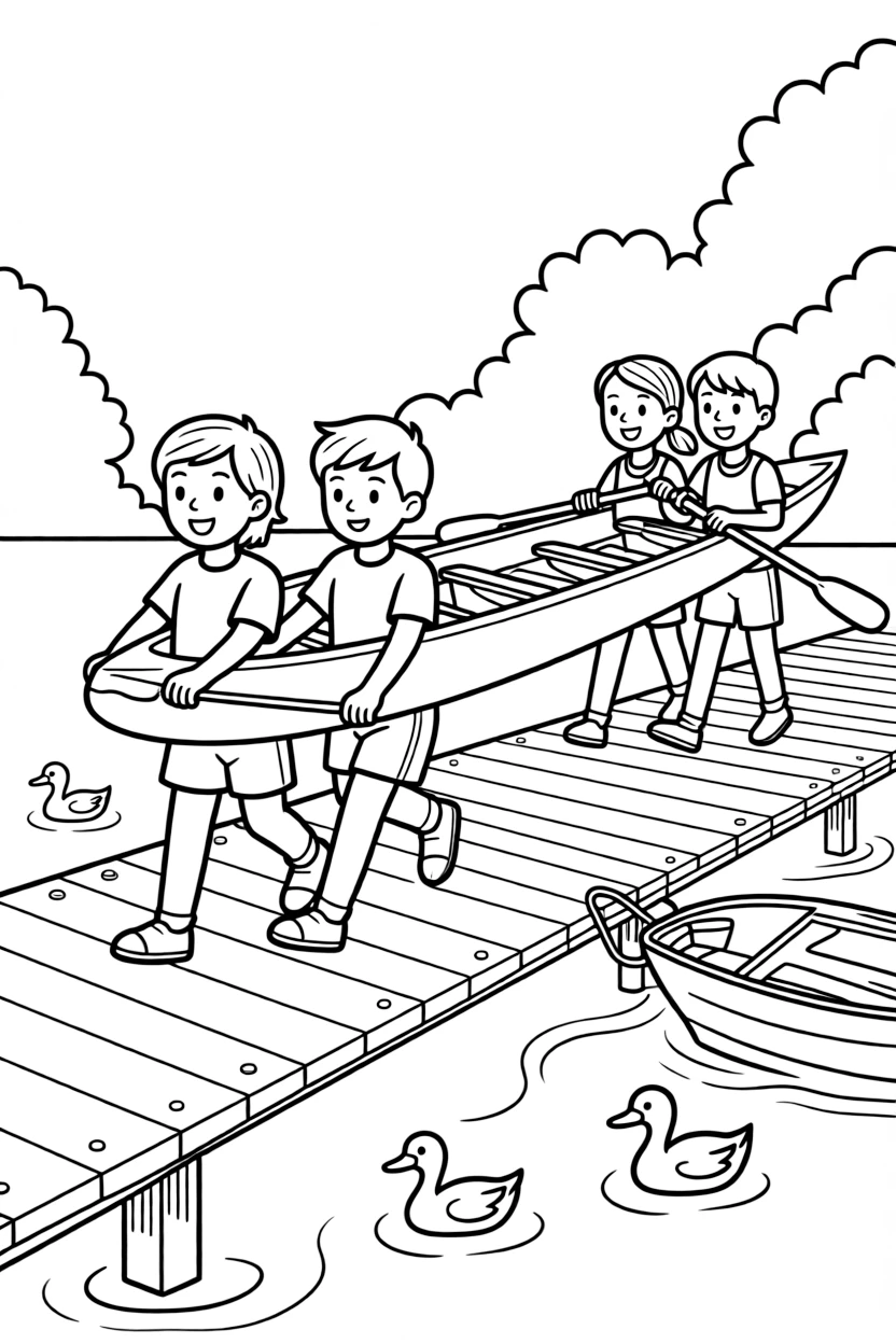 A pair of best friends, carrying a long rowing shell together with teammates down to the dock.