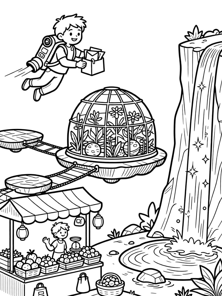 Inventor kid Halo testing a jetpack backpack delivering mail by jetpack across a cluster of floating platforms near a greenhouse dome growing plants from a dozen different planets, surrounded by a busy market stall selling glowing fruit and a waterfall of sparkling light cascading down a cliff.