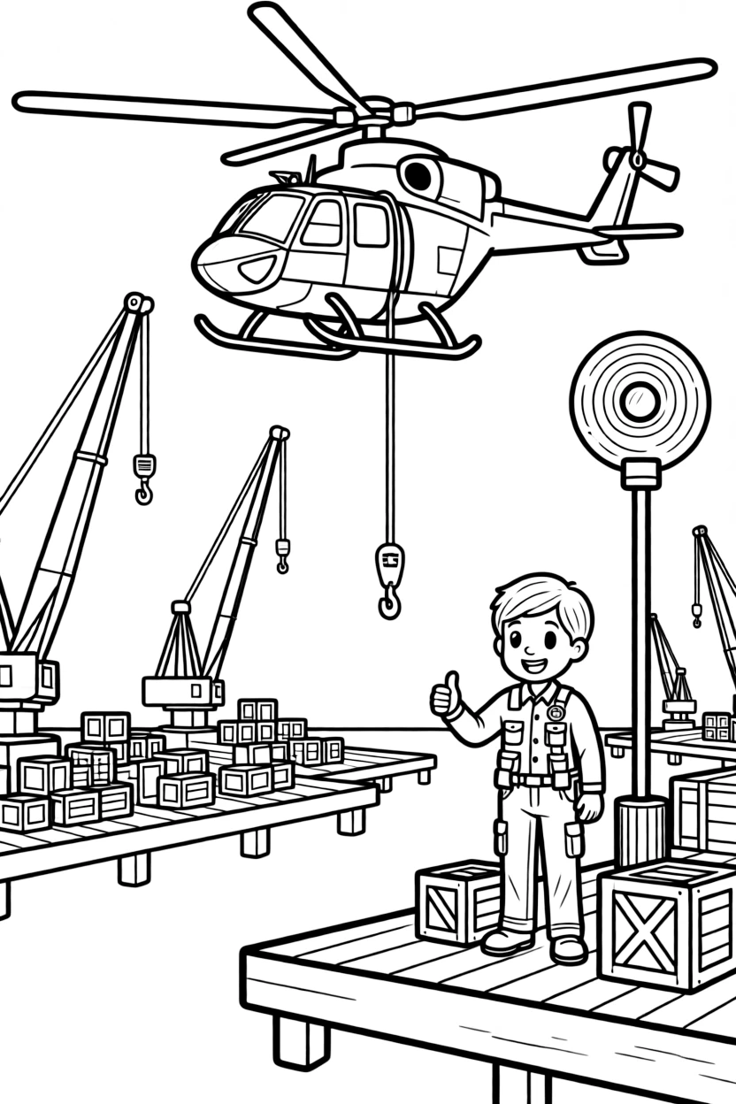 A search-and-rescue helicopter lowering a rope ladder is shown journeying through a busy harbor lined with docks, cranes, and stacked crates, with a smiling paramedic giving a thumbs up close by and a signal light blinking cheerfully completing the lively scene.