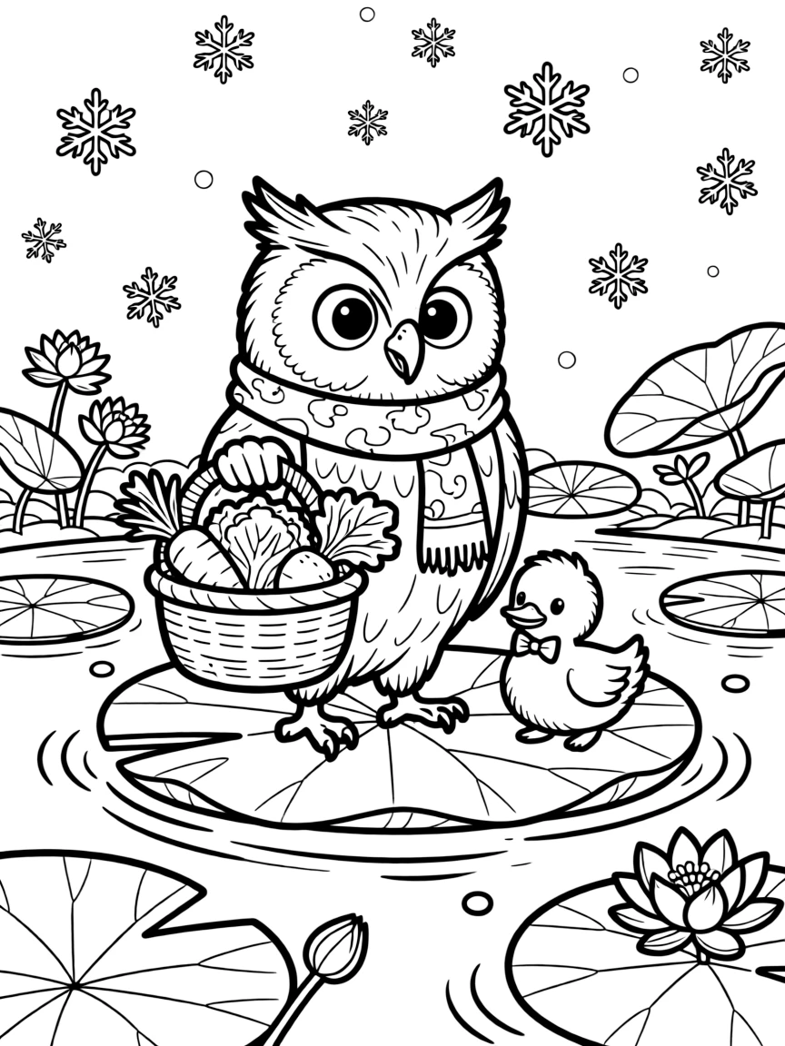 A wise old owl carrying a basket of vegetables with a duckling on a floating lily raft, near a lily pad pond, as gentle snowflakes drift down.