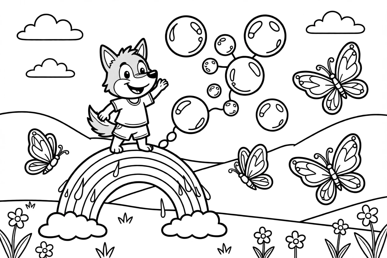 On top of a rainbow after a summer rainstorm, a silly wolf pup musician discovers the joy of chasing a trail of giant soap bubbles, while a rainbow of butterflies fluttering by watches happily nearby. The whole gang can't stop smiling.