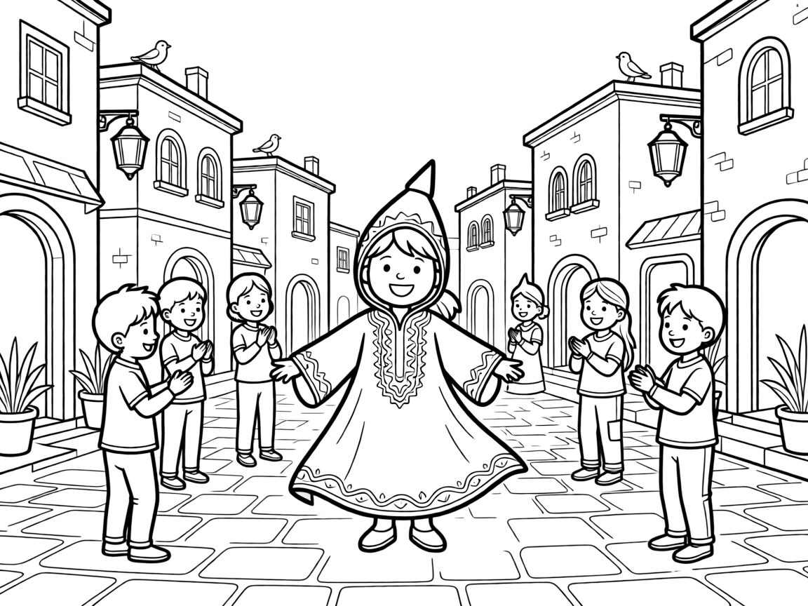 A coloring page from Morocco showing a child wearing an embroidered kaftan with a pointed hood (djellaba), twirling happily in a village square while friends look on and clap.