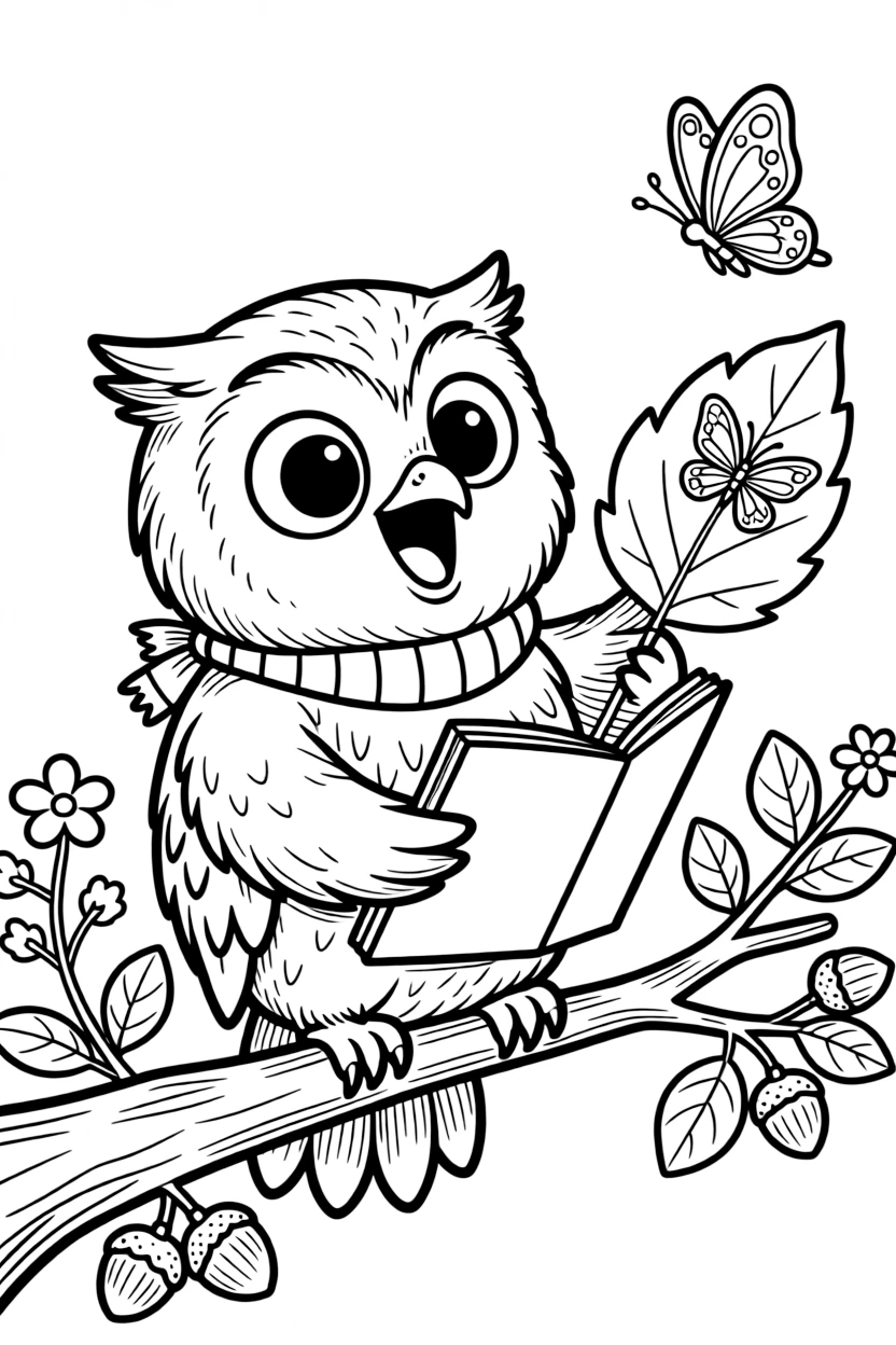 an excited a fuzzy owl uses a leaf as a notebook to sketch a passing butterfly.