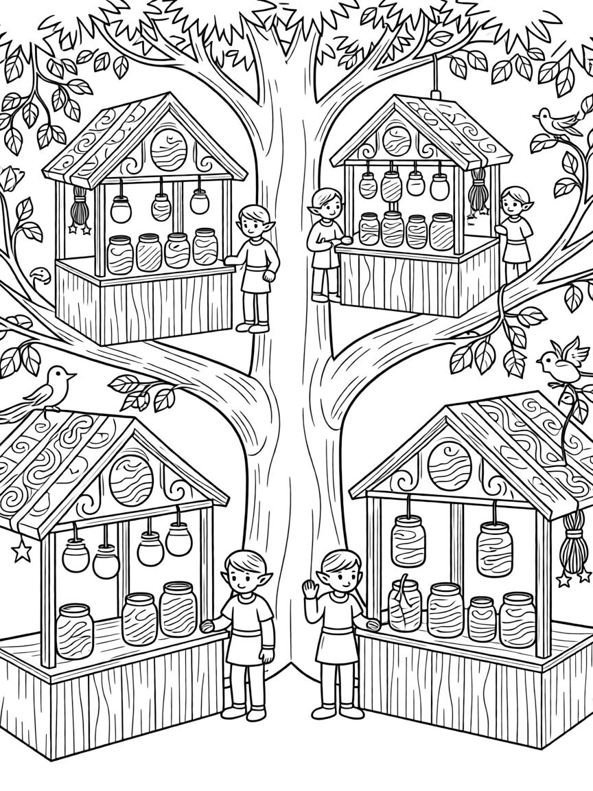 A treetop elf marketplace sells jars of captured moonlight and bundles of enchanted twine from stalls carved into branches.