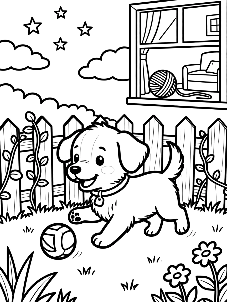 [Pets] a playful puppy chasing a bouncing ball in a fenced garden. In the background, a ball of yarn rolls across the room, adding extra fun to explore. Soft fur textures invite plenty of coloring detail. It all happens under a starry night sky, under clear blue skies.