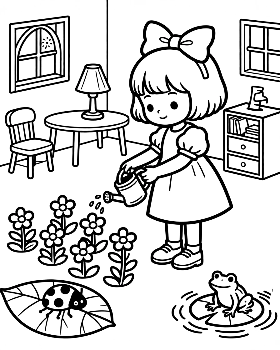A girl with a bob haircut and a big ribbon is watering rows of flowers with a tiny watering can inside a dollhouse-sized world of tiny furniture. Just beyond, a curious ladybug resting on a leaf and a friendly frog perched on a lily pad give the moment a cozy feel.