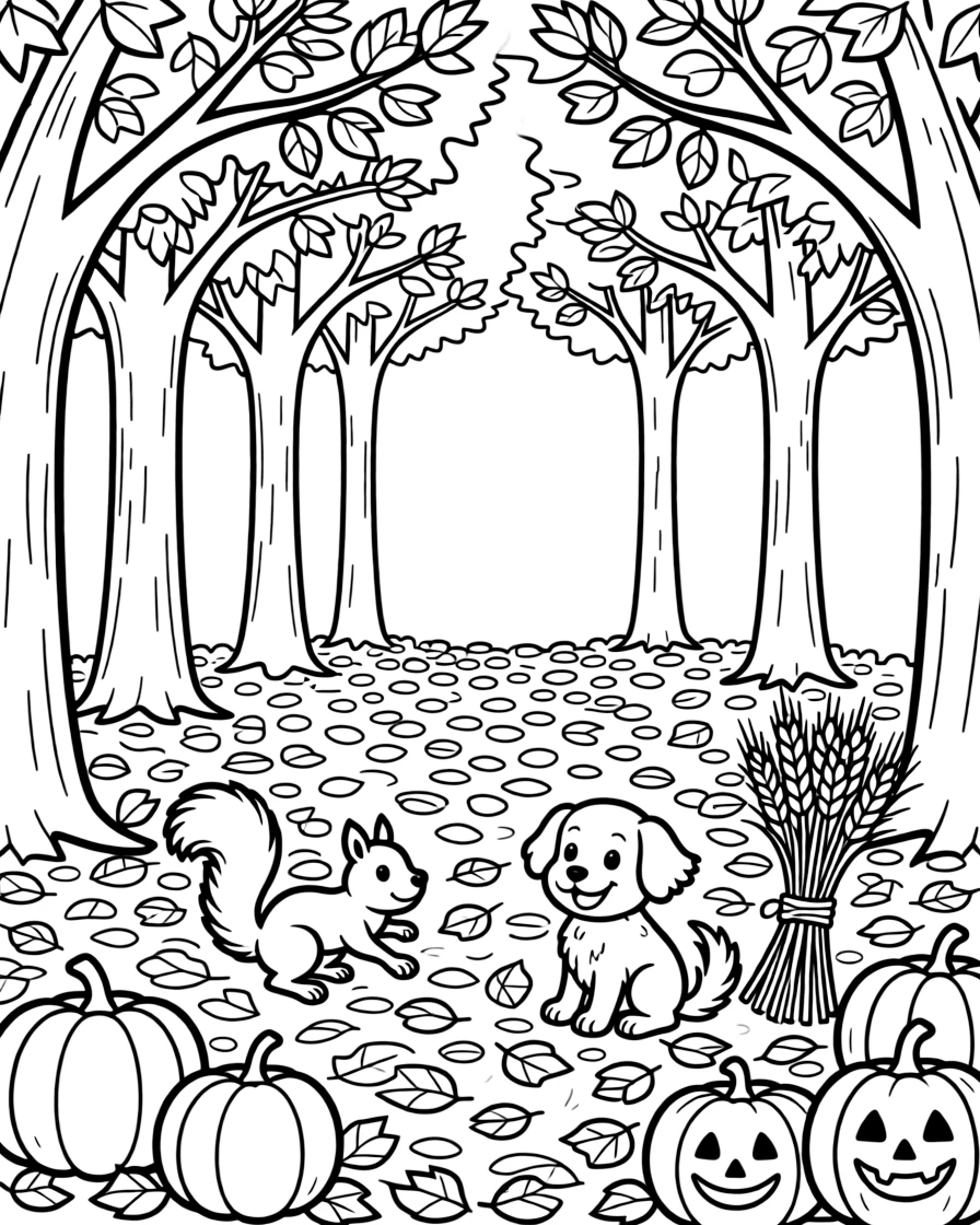 A wide view in a forest clearing where the trees are turning gold, featuring a squirrel darting through a carpet of leaves, a fluffy puppy, and a bundle of golden wheat stalks, with a row of carved and uncarved pumpkins nearby.