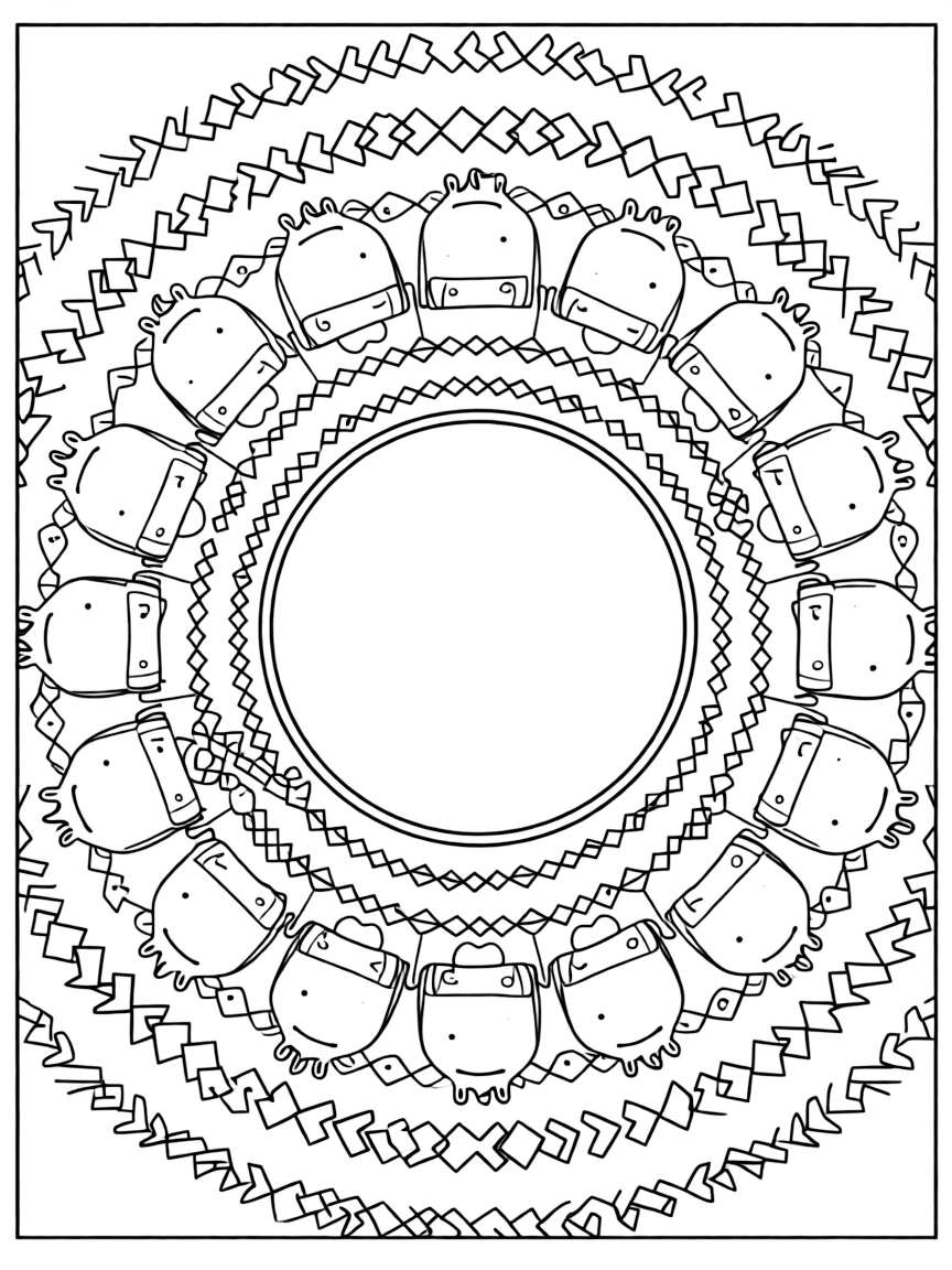 Zoo & Safari Animals: The page centers on a repeating motif of a hippo resting with its mouth open wide, built around a spiral mandala that winds gently from center to edge. The motif is shown marching in a repeating row all the way around the border of the page, framing an open medallion left blank in the center. Decorative details fill the surrounding space, including ribbons folded into gentle zigzags, rows of arrow-shaped chevrons, and a repeating chain of small diamonds woven throughout the background. A playful extra touch completes the page: a small key shape tucked discreetly among the pattern details.