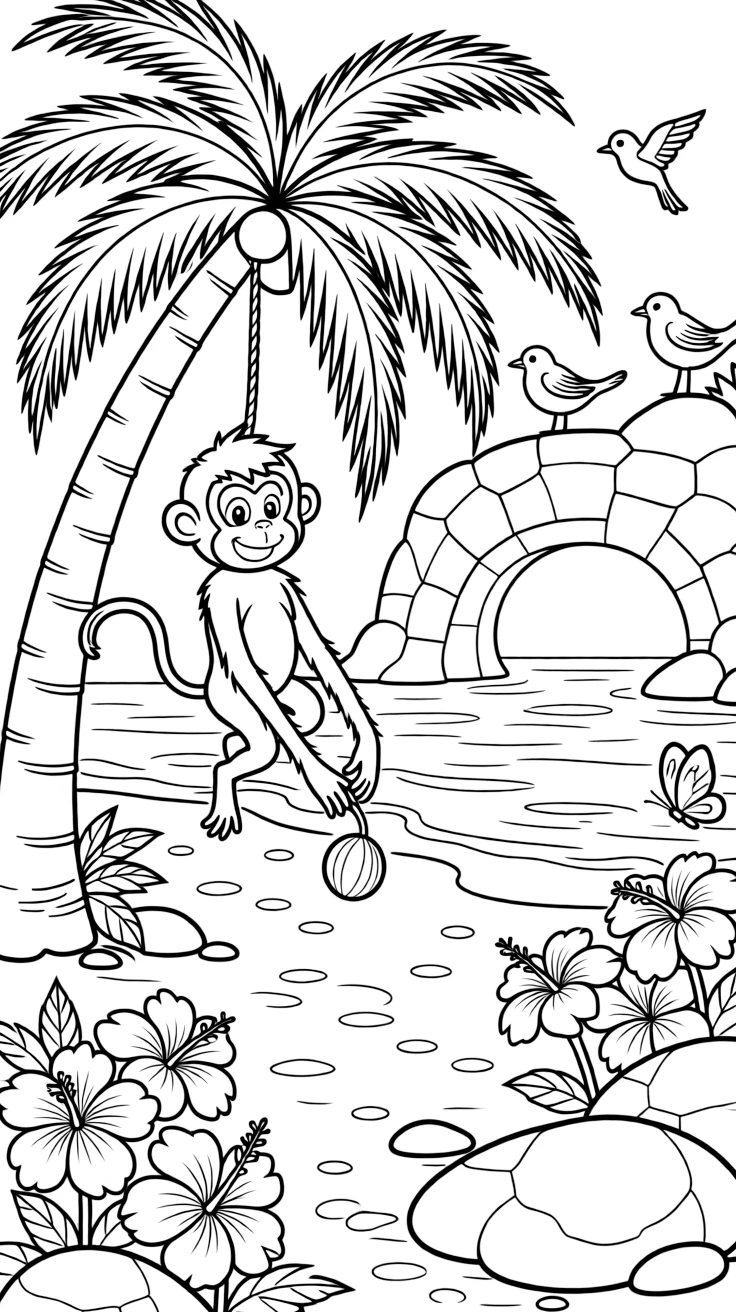 [Tropical Islands] A friendly monkey swings from a palm tree, tossing coconuts down onto the soft sand below. Butterflies flutter around hibiscus flowers growing near a cluster of smooth boulders. A rocky archway frames a hidden cove where gentle waves lap against the shore. Soft morning light glows over the island as birds call from the treetops.