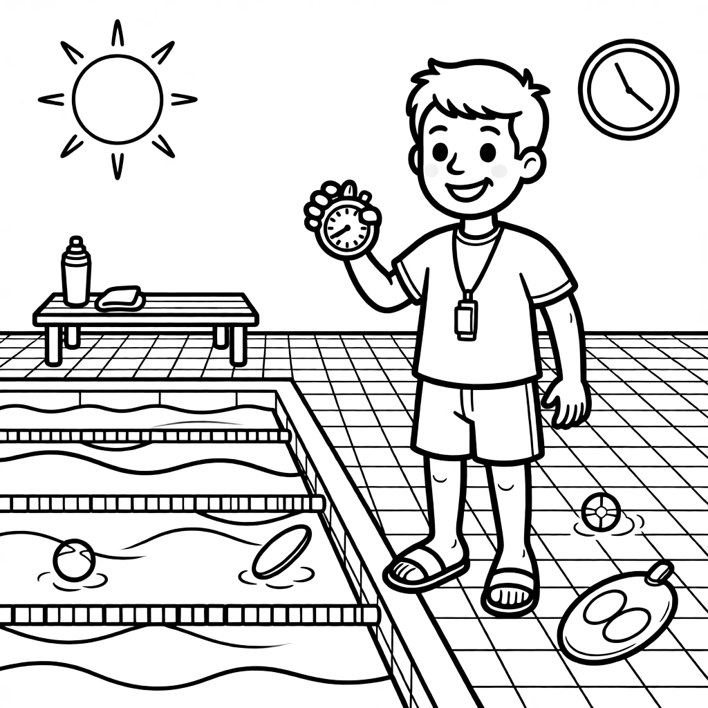 A swim coach times laps with a stopwatch from the edge of a pool.