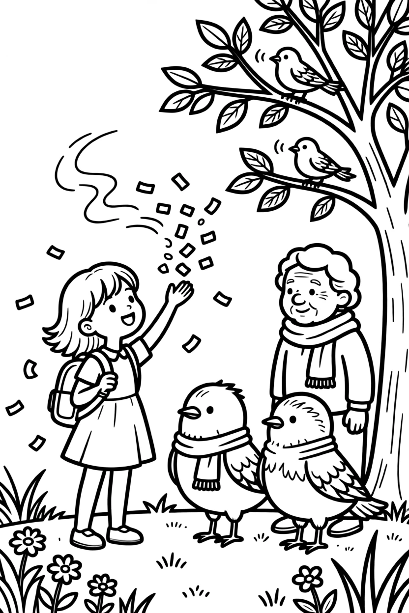A girl with a backpack tossing confetti in the air during a graduation celebration with both grandparents as birds chirp in a nearby tree.