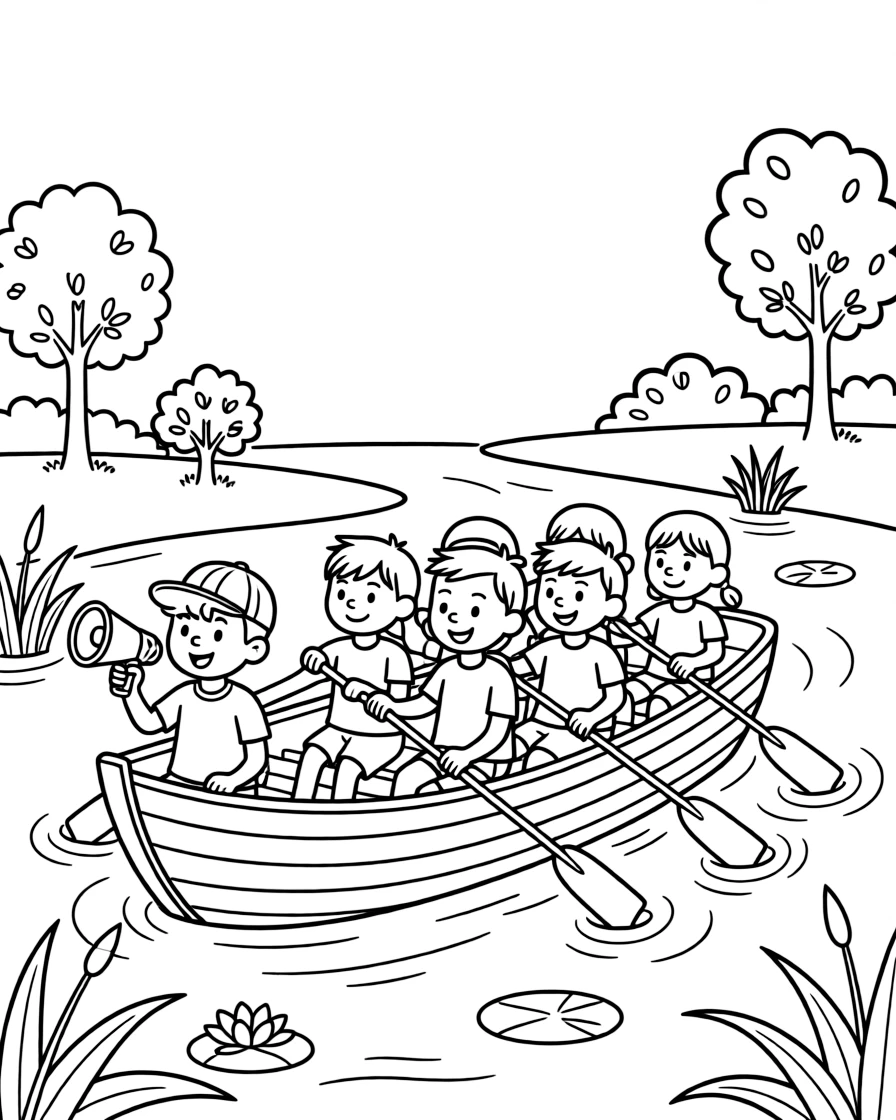 A team of neighborhood kids, calling out the stroke count as coxswain, steering the boat down the river.