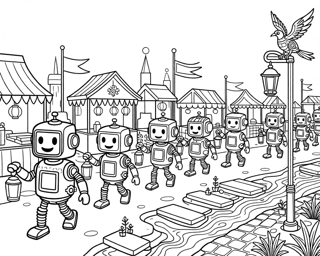 Chip, a robot with spring-loaded feet guiding a lantern-lit parade of robots through a night market in a lava planet with rivers of glowing orange magma and floating platforms, as banners and flags fluttering from tall towers and a robotic bird perched on a lamp post fill the scene.