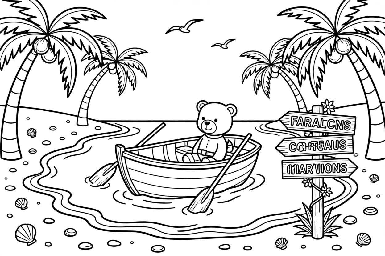 The scene captures a wooden rowboat with oars resting on its sides in the middle of a hidden pirate cove with a sandy beach and palm trees, with a teddy bear buckled safely into the passenger seat nearby and an old wooden signpost pointing to faraway towns sprinkled around for extra fun.