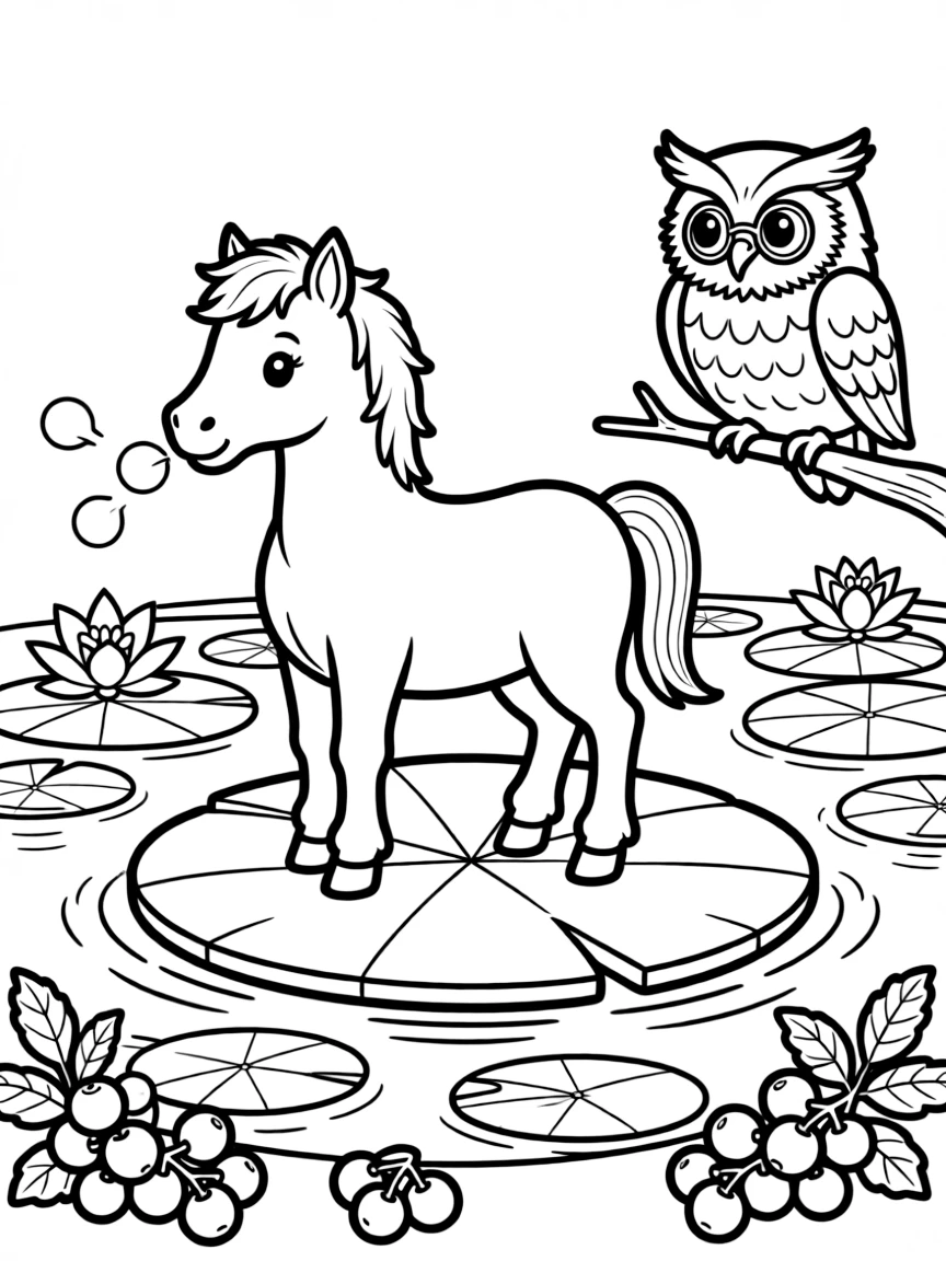 A foal on a floating lily raft, blowing bubbles with a wise old owl, next to a lily pad pond, with ripe berries scattered on the ground.
