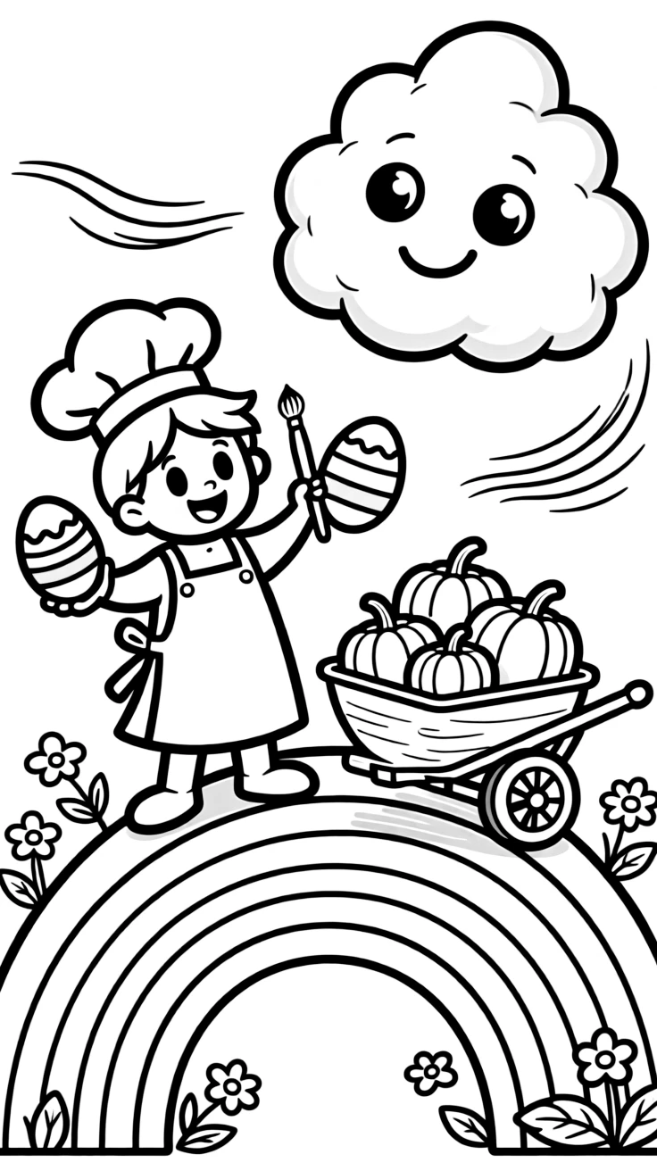 A jolly ghost baker is painting eggs in every color of the rainbow on top of a rainbow after a summer rainstorm, joined by a cloud shaped like a giant marshmallow and a wheelbarrow full of freshly picked pumpkins. A gentle breeze carries the sound of joyful laughter.