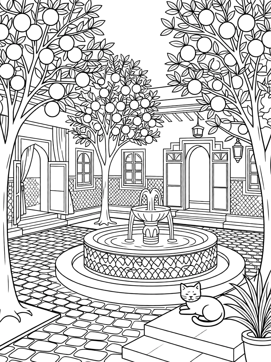 A coloring page from Morocco showing a riad courtyard house with a tiled fountain and orange trees, surrounded by neighboring buildings, a cobblestone path, and a friendly cat resting on a step.