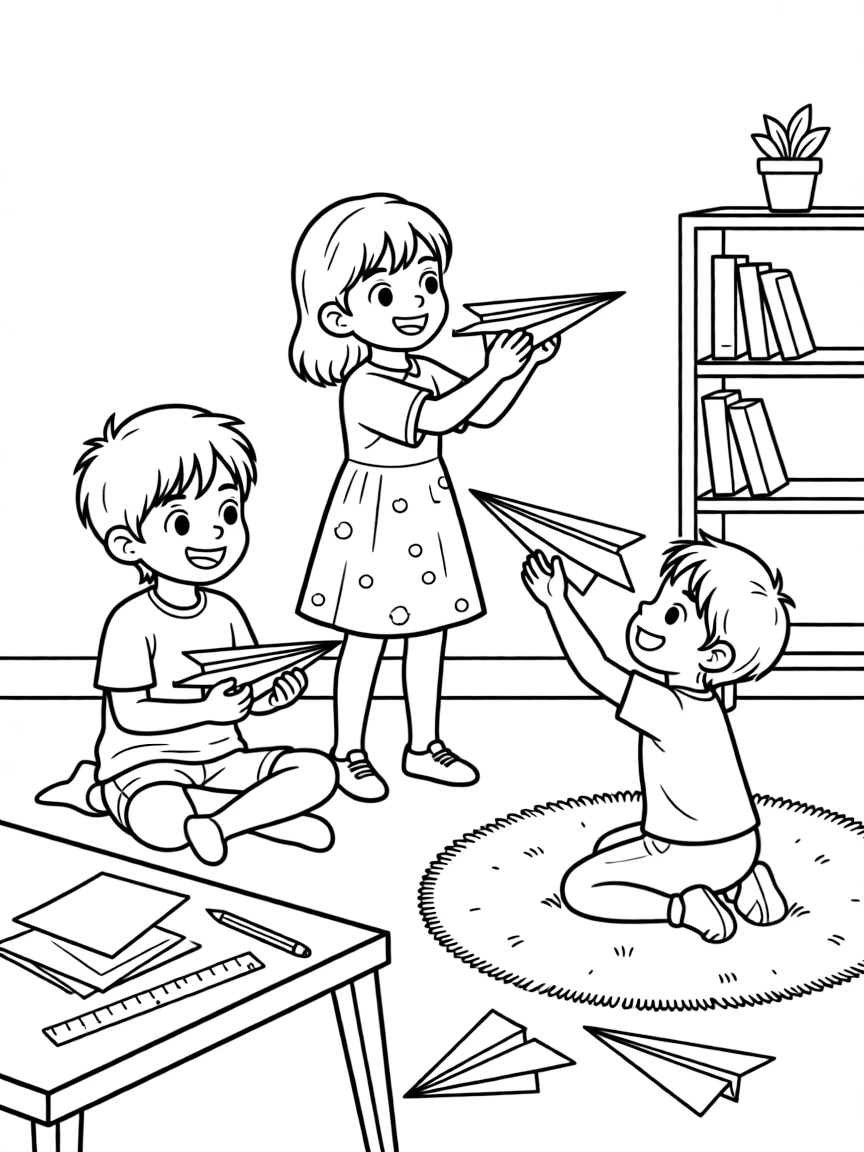 a gentle group of three kids designs a paper airplane, testing which fold flies the farthest across the room.