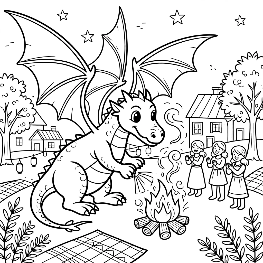 A dragon uses its enormous wings to fan a bonfire during a village celebration, sending sparks swirling into the night sky.
