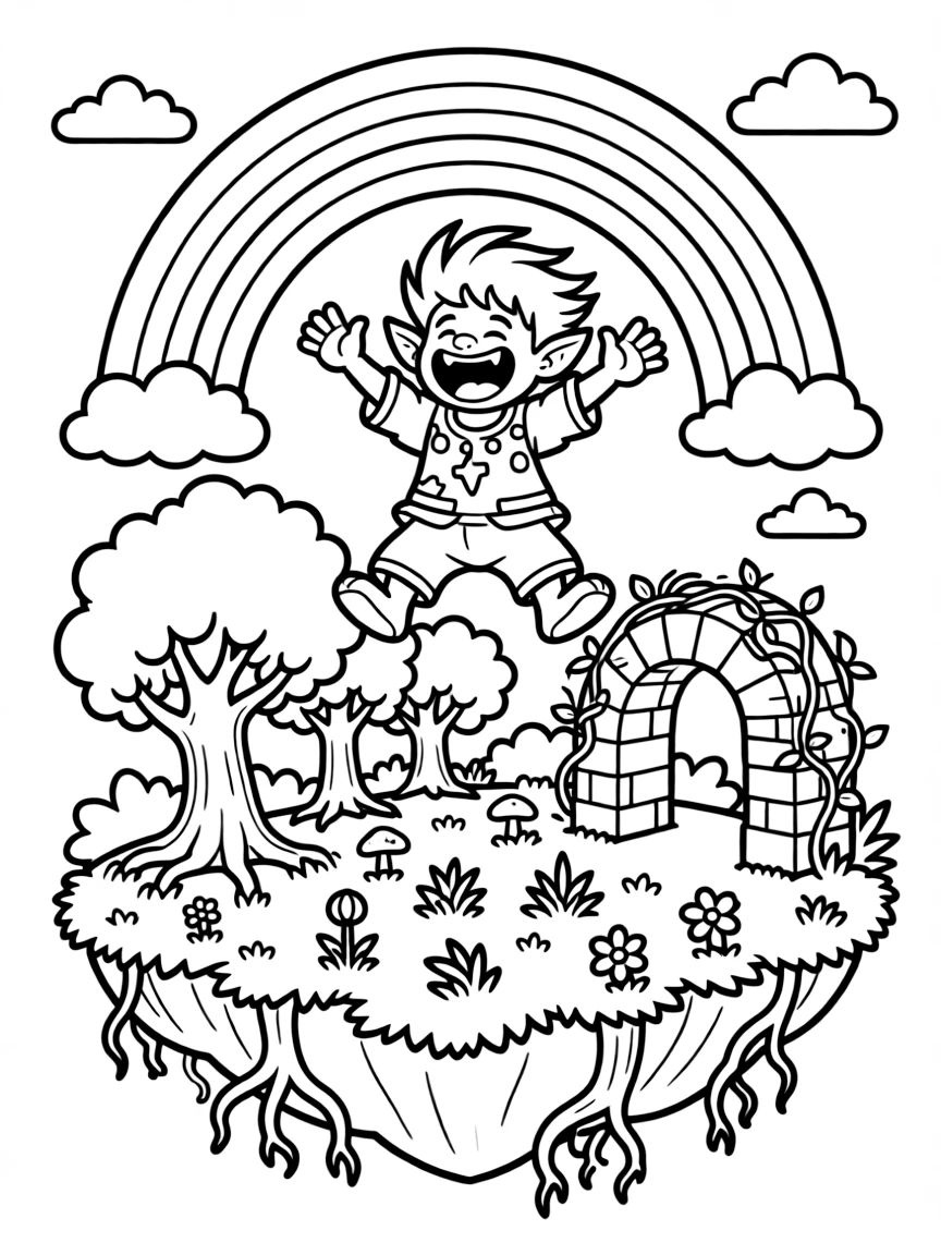 [Fantasy Creatures] a friendly forest troll soaring above a magical forest atop a floating mossy island, letting out a triumphant roar, while an old stone archway stands nearby fills the surrounding area. Twisting vines and roots add texture. Set during a bright summer day, with a rainbow arching overhead, the page bursts with adventure and imagination.