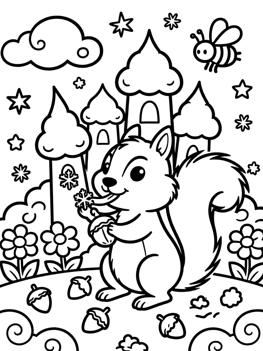 A chipmunk with cheeks full of acorns is catching snowflakes on an outstretched tongue inside a cloud kingdom with fluffy castle towers. In the background, a curious bumblebee buzzing among the blooms and sparkling stars scattered across the sky complete the joyful scene.